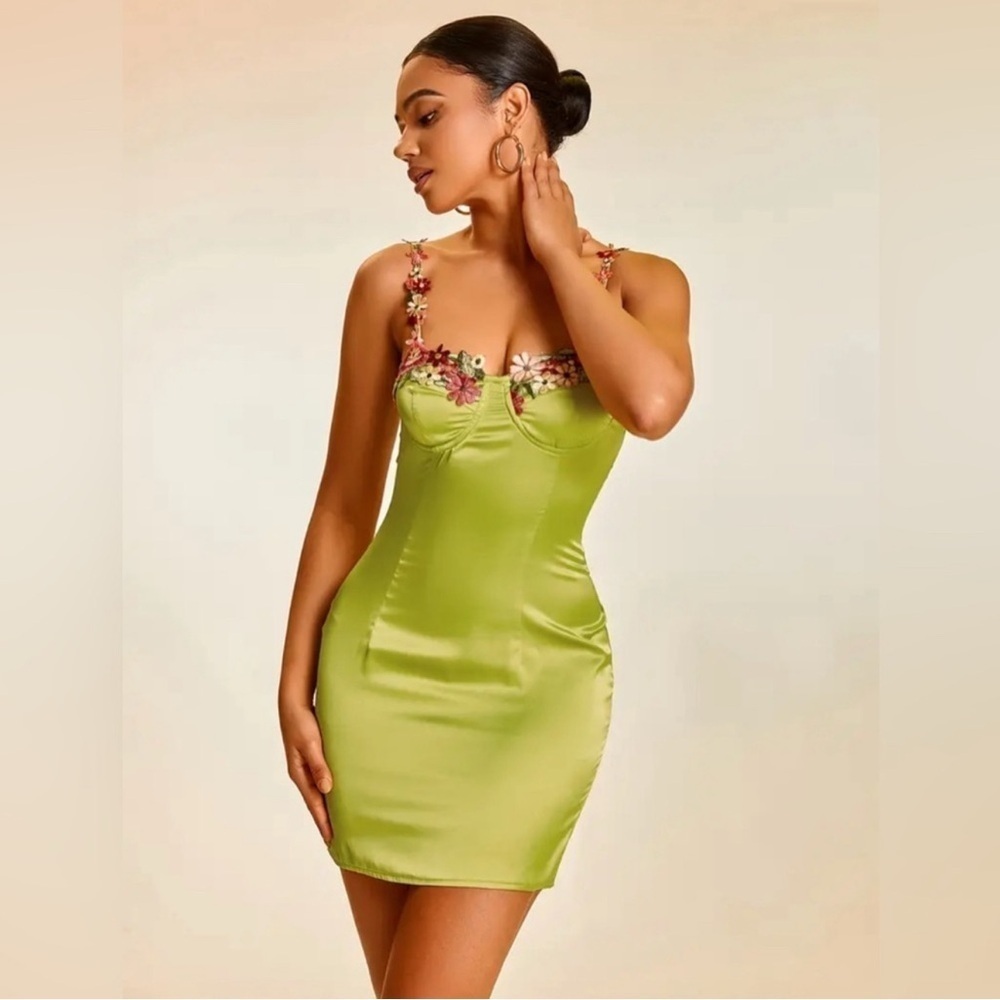 Floral Embroidered Satin Cami Bodycon Dress - Picture 4 of 6
